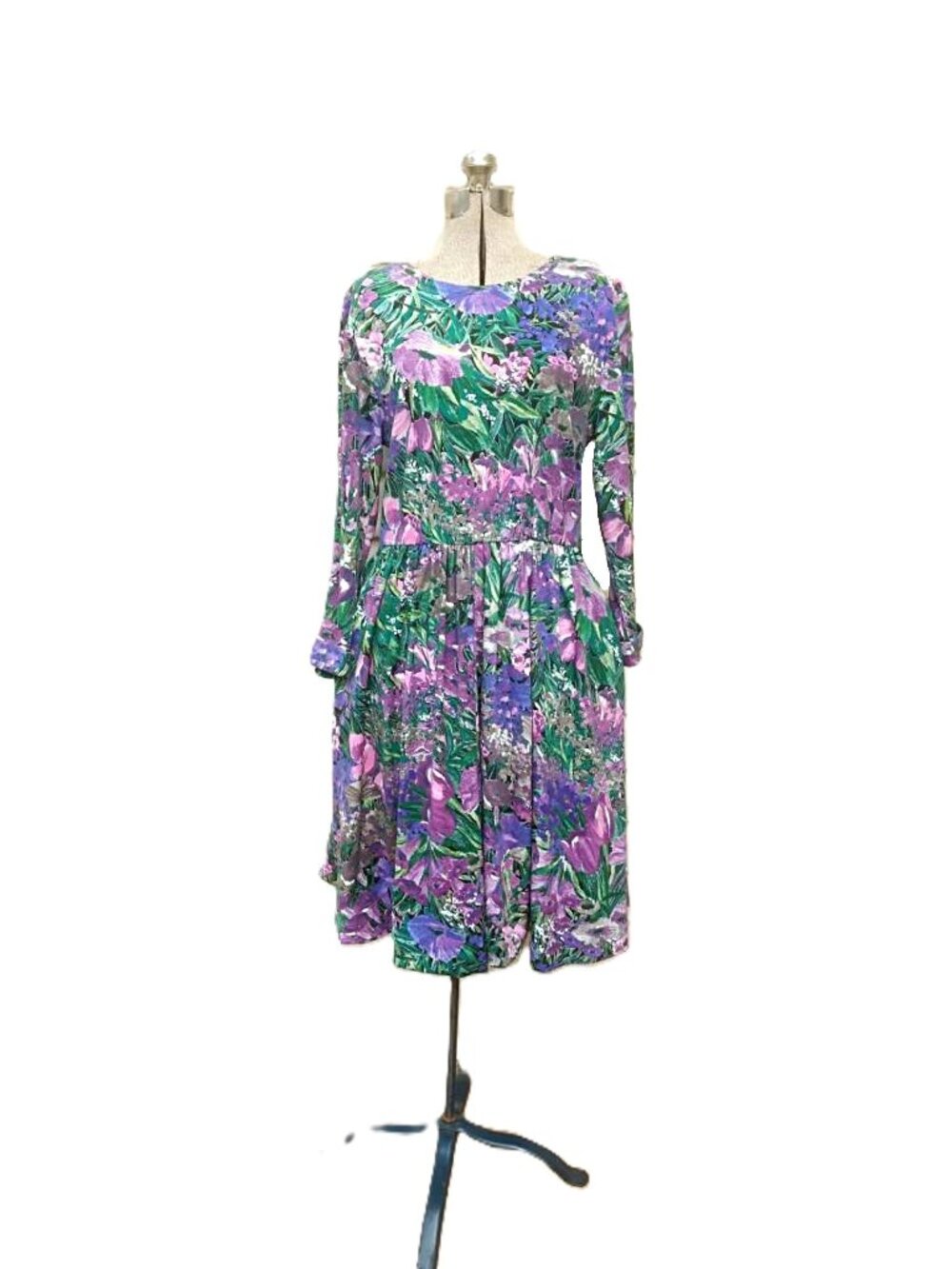 Vintage 90s Floral Garden Dress 35"B Long Sleeves Purple Green Jersey Knit